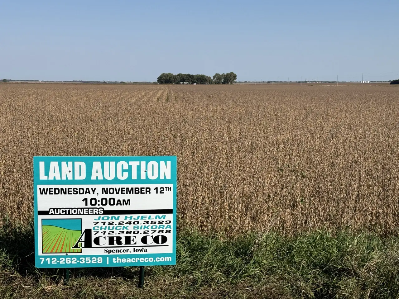A land auction sign stands in front of a vast cornfield under a clear blue sky. The sign details an auction date, emphasizing a rural, agricultural setting.