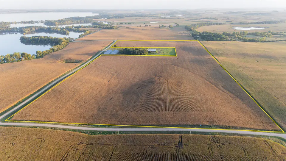Aerial view of a vast farmland landscape featuring large fields and a distant lake. A rectangular section with trees is highlighted in yellow, exuding a serene atmosphere.