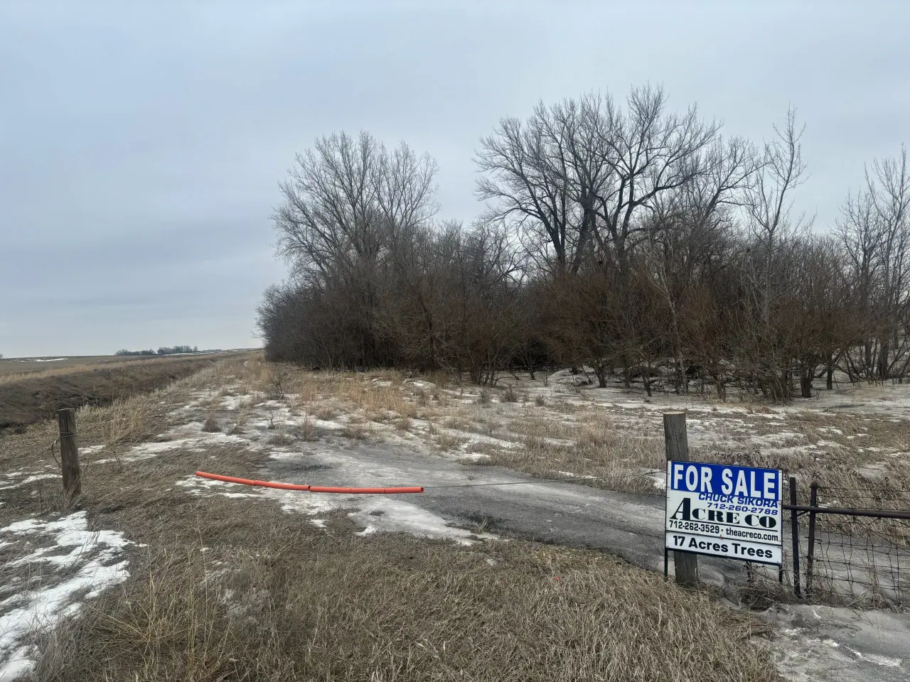 Snow-dusted landscape with bare trees under a gray sky. A "For Sale" sign indicating 17 acres of land is visible, suggesting a calm, wintery setting.
