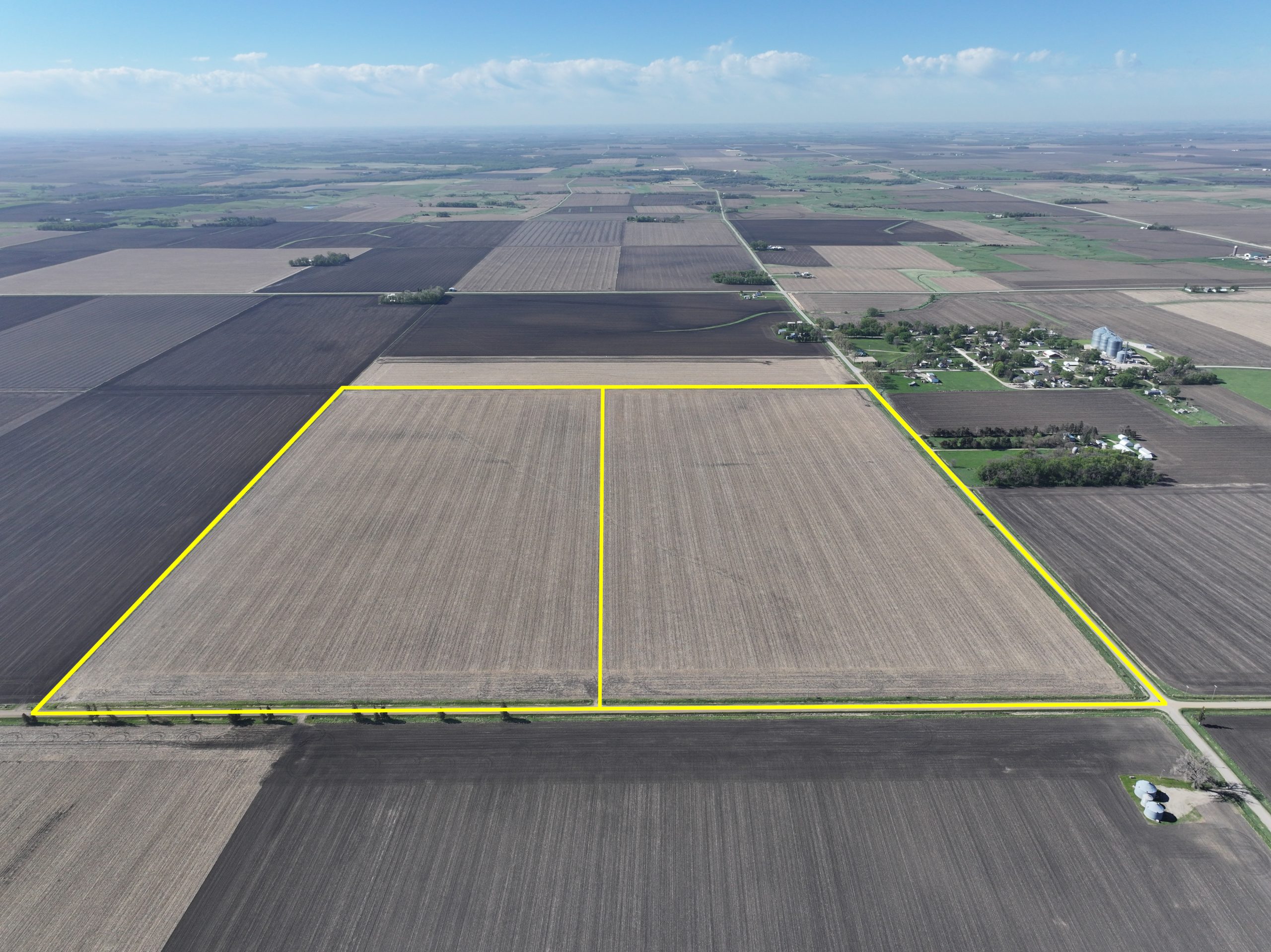 Aerial drone view of farmland tracts, photographed from the north